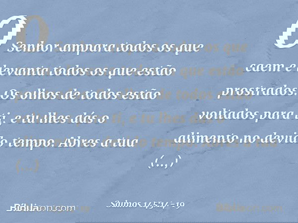 O Senhor ampara todos os que caem
e levanta todos os que estão prostrados. Os olhos de todos estão voltados para ti,
e tu lhes dás o alimento no devido tempo. A