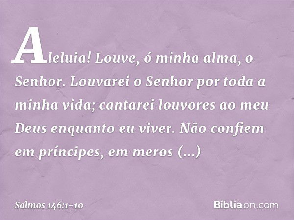 Aleluia!
Louve, ó minha alma, o Senhor. Louvarei o Senhor por toda a minha vida;
cantarei louvores ao meu Deus
enquanto eu viver. Não confiem em príncipes,
em m