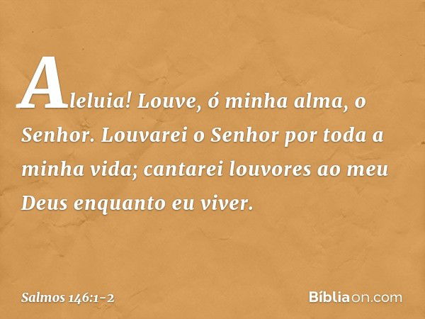 Aleluia!
Louve, ó minha alma, o Senhor. Louvarei o Senhor por toda a minha vida;
cantarei louvores ao meu Deus
enquanto eu viver. -- Salmo 146:1-2