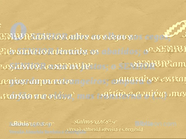 o SENHOR abre os olhos aos cegos; o SENHOR levanta os abatidos; o SENHOR ama os justos;o SENHOR guarda os estrangeiros; ampara o órfão e a viúva, mas transtorna