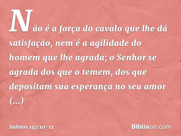 Não é a força do cavalo
que lhe dá satisfação,
nem é a agilidade do homem que lhe agrada; o Senhor se agrada dos que o temem,
dos que depositam sua esperança no