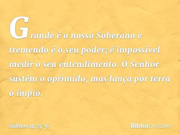 Grande é o nosso Soberano
e tremendo é o seu poder;
é impossível medir o seu entendimento. O Senhor sustém o oprimido,
mas lança por terra o ímpio. -- Salmo 147