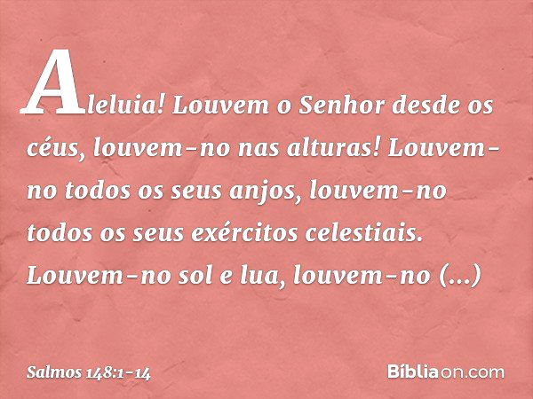 Aleluia!
Louvem o Senhor desde os céus,
louvem-no nas alturas! Louvem-no todos os seus anjos,
louvem-no todos os seus exércitos celestiais. Louvem-no sol e lua,