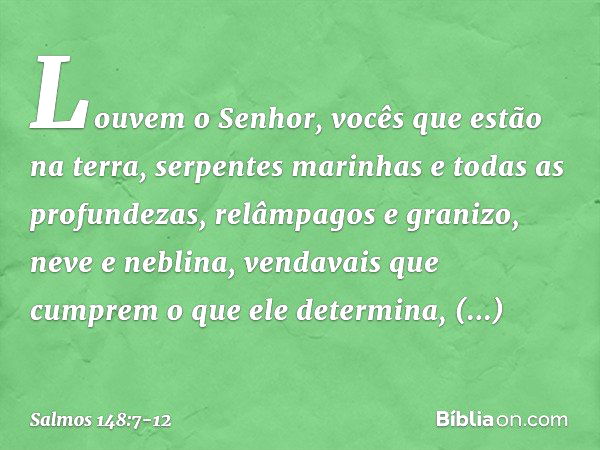 Louvem o Senhor, vocês que estão na terra,
serpentes marinhas e todas as profundezas, relâmpagos e granizo, neve e neblina,
vendavais que cumprem o que ele dete