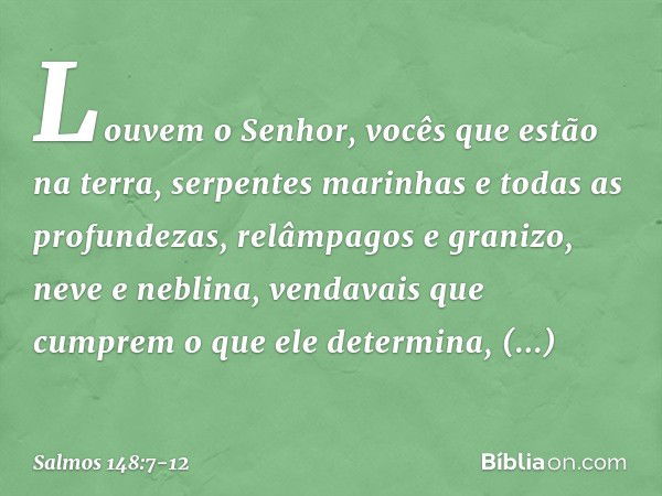 Louvem o Senhor, vocês que estão na terra,
serpentes marinhas e todas as profundezas, relâmpagos e granizo, neve e neblina,
vendavais que cumprem o que ele dete