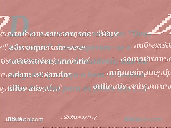 Diz o tolo em seu coração: "Deus não existe".
Corromperam-se e cometeram atos detestáveis;
não há ninguém que faça o bem. O Senhor olha dos céus
para os filhos 