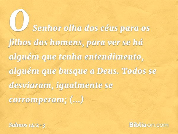 O Senhor olha dos céus
para os filhos dos homens,
para ver se há alguém que tenha entendimento,
alguém que busque a Deus. Todos se desviaram,
igualmente se corr