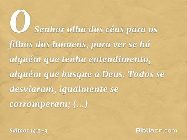 O Senhor olha dos céus
para os filhos dos homens,
para ver se há alguém que tenha entendimento,
alguém que busque a Deus. Todos se desviaram,
igualmente se corr