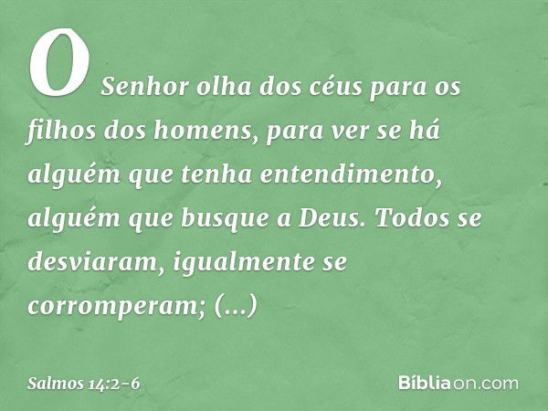 O Senhor olha dos céus
para os filhos dos homens,
para ver se há alguém que tenha entendimento,
alguém que busque a Deus. Todos se desviaram,
igualmente se corr