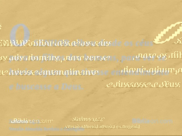 O SENHOR olhou desde os céus para os filhos dos homens, para ver se havia algum que tivesse entendimento e buscasse a Deus.