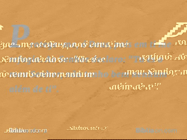Protege-me, ó Deus,
pois em ti me refugio. Ao Senhor declaro: "Tu és o meu Senhor;
não tenho bem nenhum além de ti". -- Salmo 16:1-2
