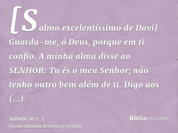 [Salmo excelentíssimo de Davi] Guarda-me, ó Deus, porque em ti confio.A minha alma disse ao SENHOR: Tu és o meu Senhor; não tenho outro bem além de ti.Digo aos 