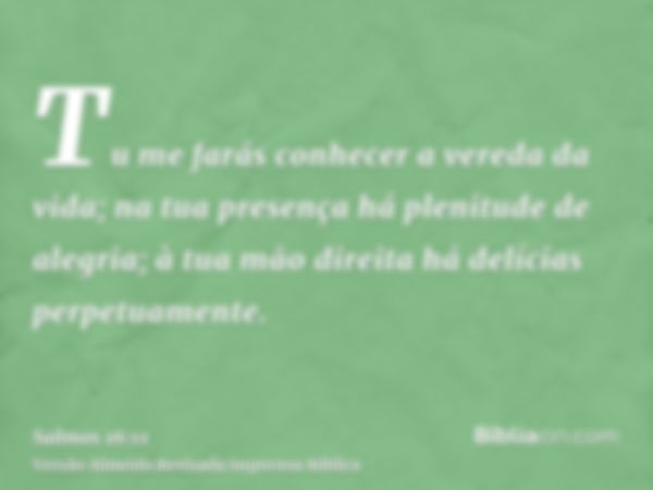 Tu me farás conhecer a vereda da vida; na tua presença há plenitude de alegria; à tua mão direita há delícias perpetuamente.