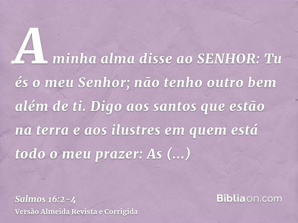 A minha alma disse ao SENHOR: Tu és o meu Senhor; não tenho outro bem além de ti.Digo aos santos que estão na terra e aos ilustres em quem está todo o meu praze