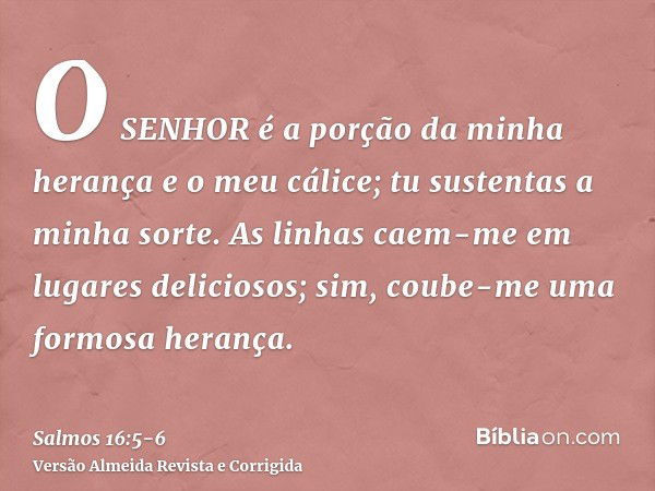 O SENHOR é a porção da minha herança e o meu cálice; tu sustentas a minha sorte.As linhas caem-me em lugares deliciosos; sim, coube-me uma formosa herança.