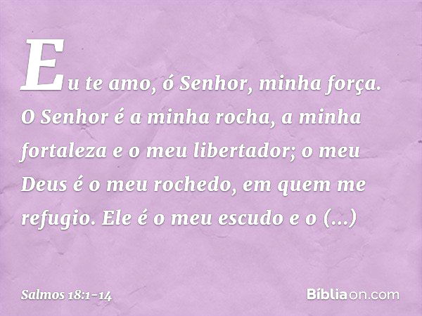 Eu te amo, ó Senhor, minha força. O Senhor é a minha rocha, a minha fortaleza
e o meu libertador;
o meu Deus é o meu rochedo,
em quem me refugio.
Ele é o meu es