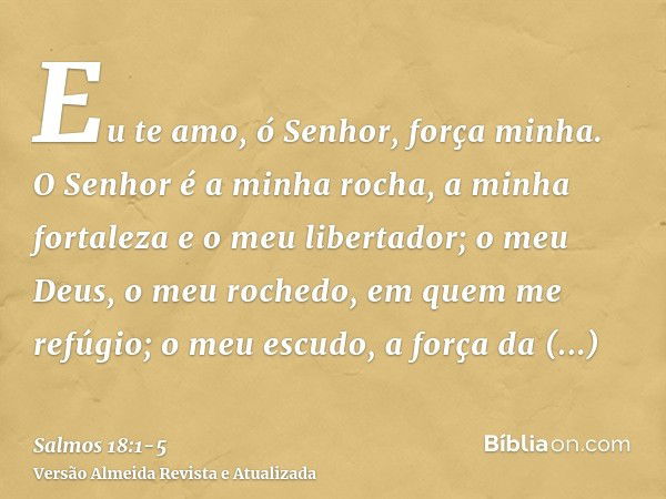 Eu te amo, ó Senhor, força minha.O Senhor é a minha rocha, a minha fortaleza e o meu libertador; o meu Deus, o meu rochedo, em quem me refúgio; o meu escudo, a 