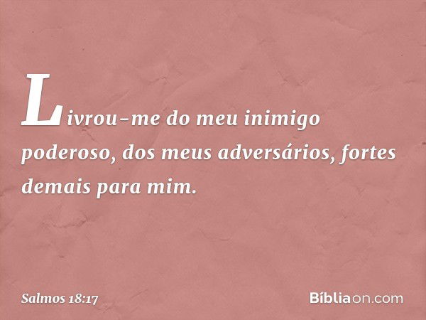 Livrou-me do meu inimigo poderoso,
dos meus adversários, fortes demais para mim. -- Salmo 18:17