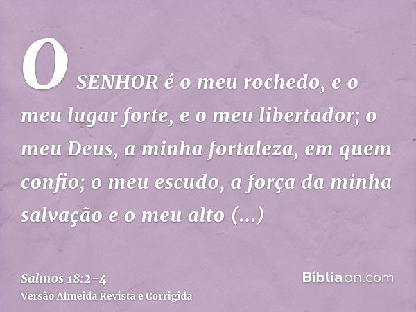 O SENHOR é o meu rochedo, e o meu lugar forte, e o meu libertador; o meu Deus, a minha fortaleza, em quem confio; o meu escudo, a força da minha salvação e o me