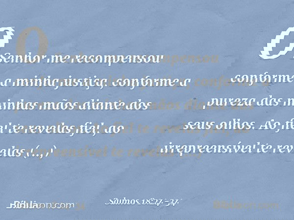 O Senhor me recompensou
conforme a minha justiça,
conforme a pureza das minhas mãos
diante dos seus olhos. Ao fiel te revelas fiel,
ao irrepreensível te revelas