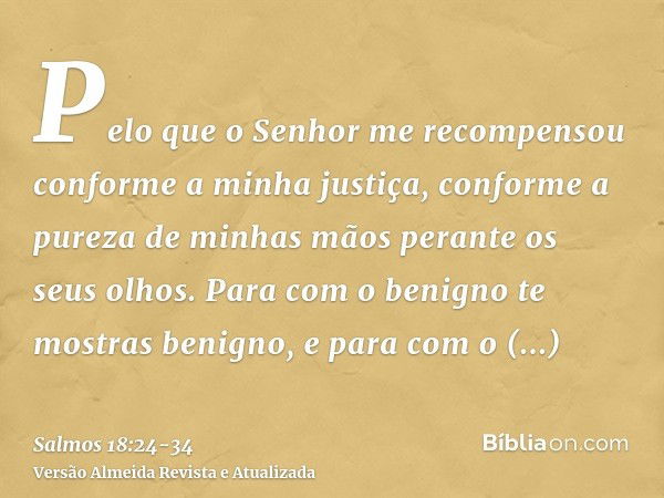 Pelo que o Senhor me recompensou conforme a minha justiça, conforme a pureza de minhas mãos perante os seus olhos.Para com o benigno te mostras benigno, e para 