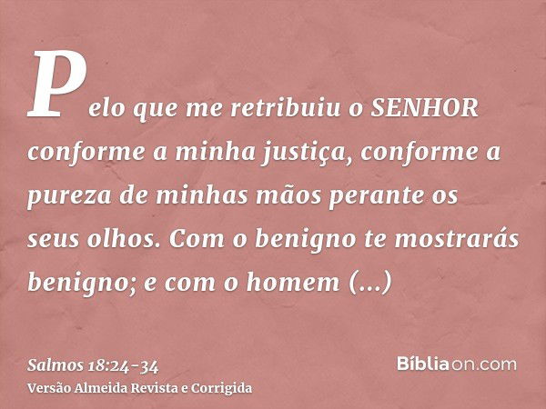 Pelo que me retribuiu o SENHOR conforme a minha justiça, conforme a pureza de minhas mãos perante os seus olhos.Com o benigno te mostrarás benigno; e com o home