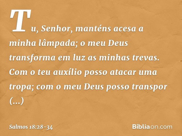 Tu, Senhor, manténs acesa a minha lâmpada;
o meu Deus transforma em luz as minhas trevas. Com o teu auxílio posso atacar uma tropa;
com o meu Deus posso transpo