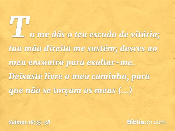 Tu me dás o teu escudo de vitória;
tua mão direita me sustém;
desces ao meu encontro para exaltar-me. Deixaste livre o meu caminho,
para que não se torçam os me