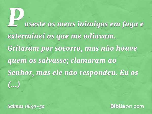 Puseste os meus inimigos em fuga
e exterminei os que me odiavam. Gritaram por socorro,
mas não houve quem os salvasse;
clamaram ao Senhor, mas ele não respondeu