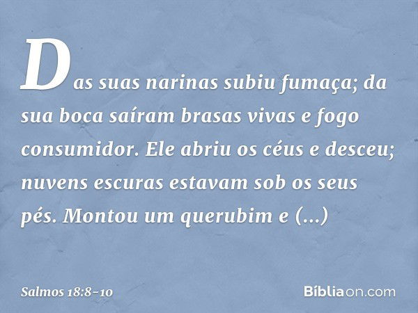 Das suas narinas subiu fumaça;
da sua boca saíram brasas vivas
e fogo consumidor. Ele abriu os céus e desceu;
nuvens escuras estavam sob os seus pés. Montou um 