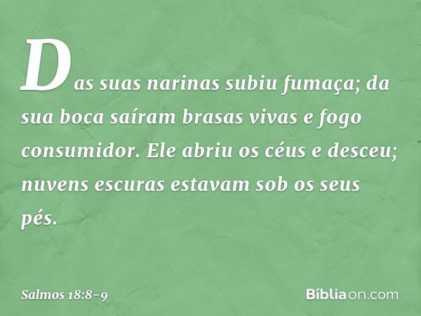 Das suas narinas subiu fumaça;
da sua boca saíram brasas vivas
e fogo consumidor. Ele abriu os céus e desceu;
nuvens escuras estavam sob os seus pés. -- Salmo 1