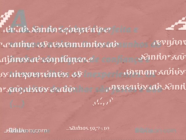 A lei do Senhor é perfeita e revigora a alma.
Os testemunhos do Senhor
são dignos de confiança
e tornam sábios os inexperientes. Os preceitos do Senhor são just