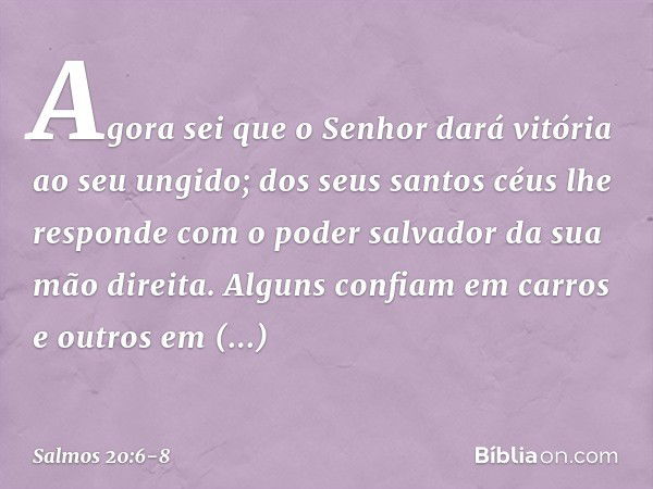 Agora sei que o Senhor
dará vitória ao seu ungido;
dos seus santos céus lhe responde
com o poder salvador da sua mão direita. Alguns confiam em carros e outros 