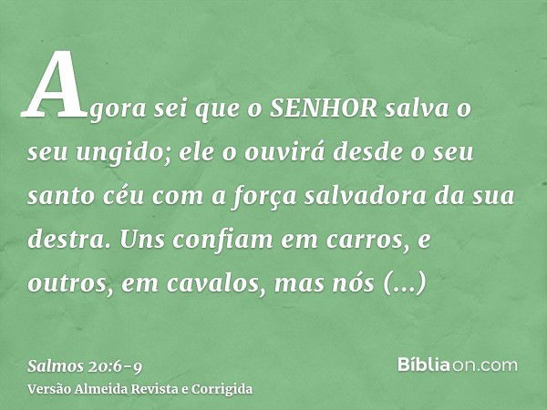 Agora sei que o SENHOR salva o seu ungido; ele o ouvirá desde o seu santo céu com a força salvadora da sua destra.Uns confiam em carros, e outros, em cavalos, m