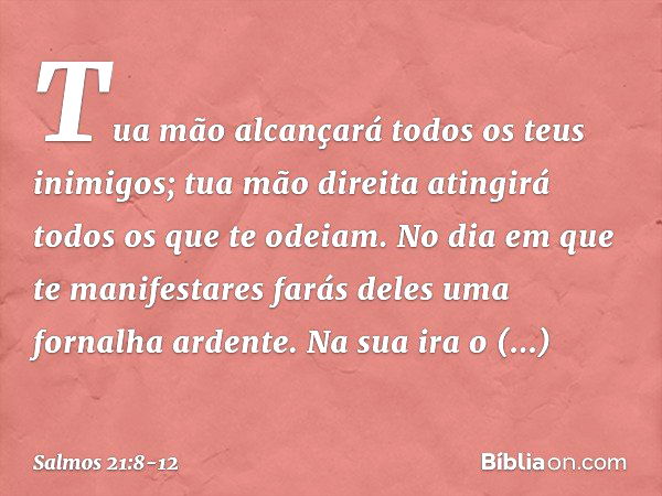 Tua mão alcançará todos os teus inimigos;
tua mão direita atingirá todos os que te odeiam. No dia em que te manifestares
farás deles uma fornalha ardente.
Na su