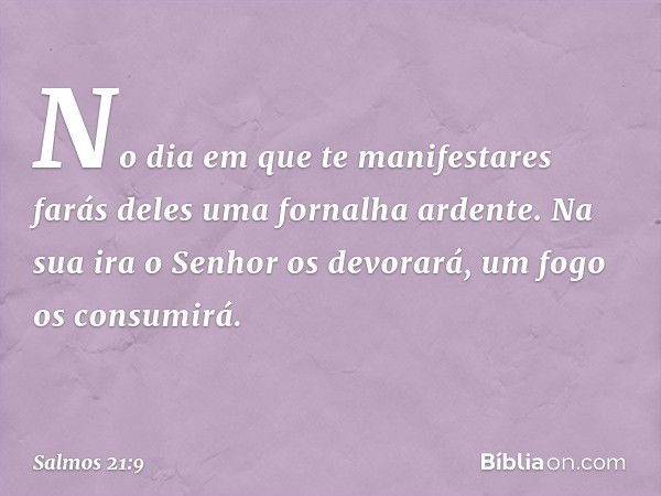 No dia em que te manifestares
farás deles uma fornalha ardente.
Na sua ira o Senhor os devorará,
um fogo os consumirá. -- Salmo 21:9