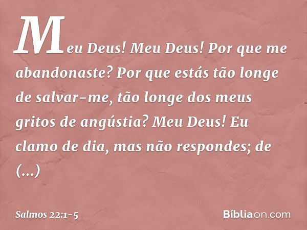 Meu Deus! Meu Deus!
Por que me abandonaste?
Por que estás tão longe de salvar-me,
tão longe dos meus gritos de angústia? Meu Deus!
Eu clamo de dia, mas não resp