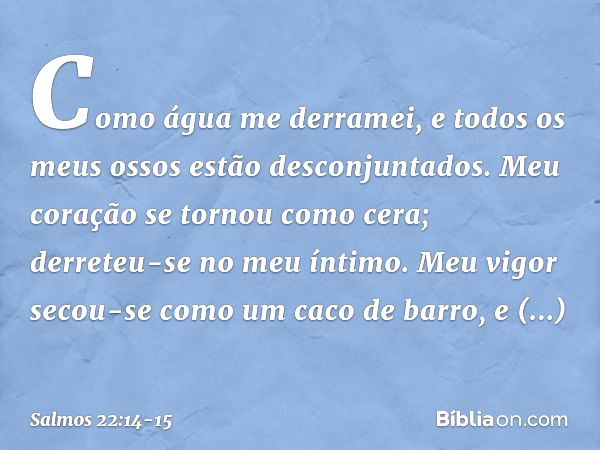 Como água me derramei,
e todos os meus ossos estão desconjuntados.
Meu coração se tornou como cera;
derreteu-se no meu íntimo. Meu vigor secou-se como um caco d