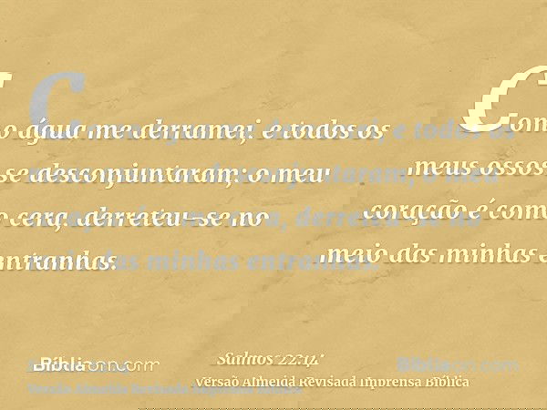 Como água me derramei, e todos os meus ossos se desconjuntaram; o meu coração é como cera, derreteu-se no meio das minhas entranhas.