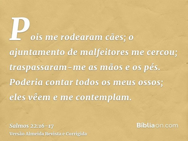 Pois me rodearam cães; o ajuntamento de malfeitores me cercou; traspassaram-me as mãos e os pés.Poderia contar todos os meus ossos; eles vêem e me contemplam.