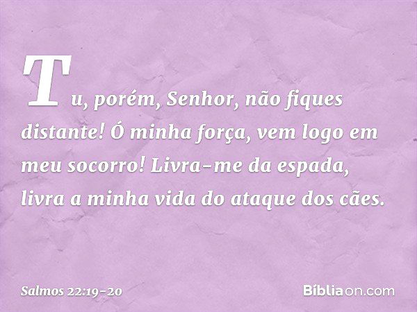 Tu, porém, Senhor, não fiques distante!
Ó minha força, vem logo em meu socorro! Livra-me da espada,
livra a minha vida do ataque dos cães. -- Salmo 22:19-20