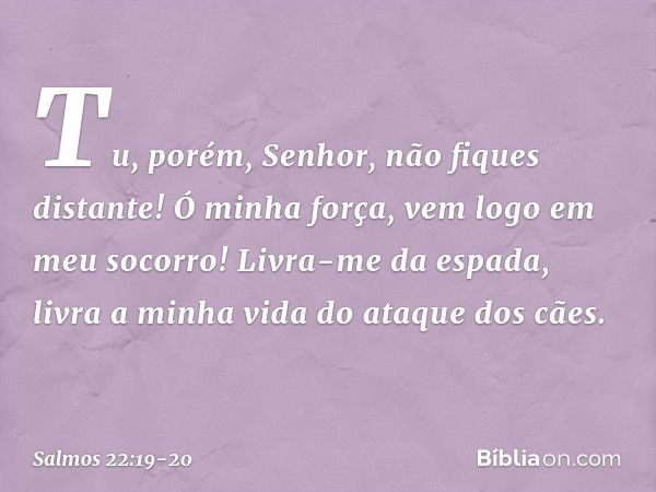 Tu, porém, Senhor, não fiques distante!
Ó minha força, vem logo em meu socorro! Livra-me da espada,
livra a minha vida do ataque dos cães. -- Salmo 22:19-20