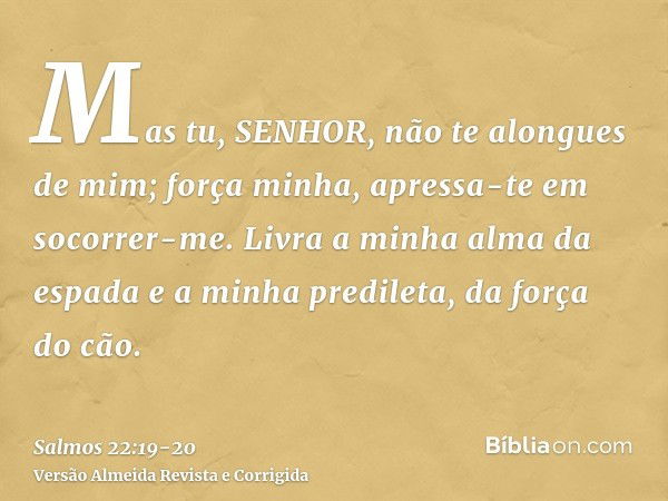 Mas tu, SENHOR, não te alongues de mim; força minha, apressa-te em socorrer-me.Livra a minha alma da espada e a minha predileta, da força do cão.