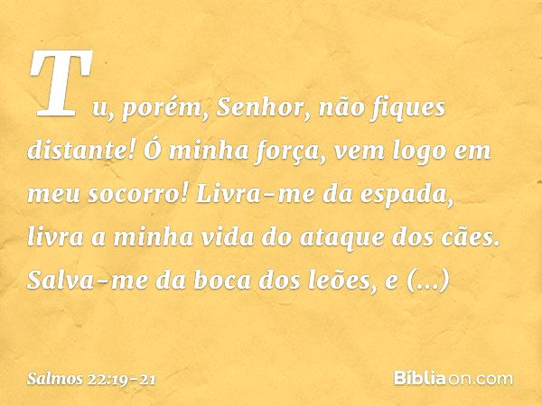 Tu, porém, Senhor, não fiques distante!
Ó minha força, vem logo em meu socorro! Livra-me da espada,
livra a minha vida do ataque dos cães. Salva-me da boca dos 