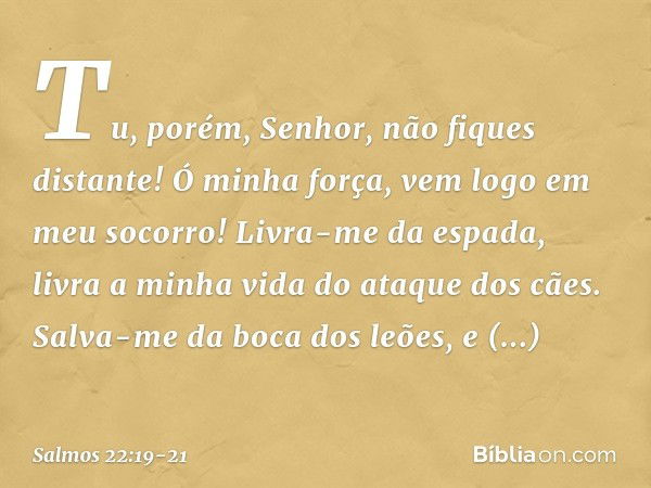 Tu, porém, Senhor, não fiques distante!
Ó minha força, vem logo em meu socorro! Livra-me da espada,
livra a minha vida do ataque dos cães. Salva-me da boca dos 