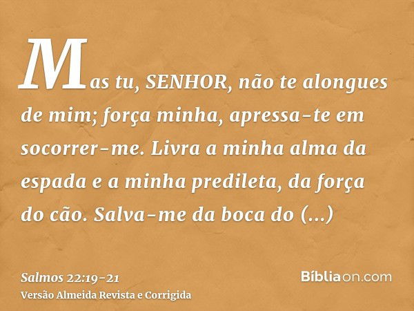 Mas tu, SENHOR, não te alongues de mim; força minha, apressa-te em socorrer-me.Livra a minha alma da espada e a minha predileta, da força do cão.Salva-me da boc