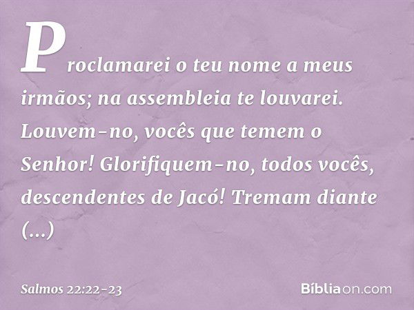 Proclamarei o teu nome a meus irmãos;
na assembleia te louvarei. Louvem-no, vocês que temem o Senhor!
Glorifiquem-no, todos vocês,
descendentes de Jacó!
Tremam 