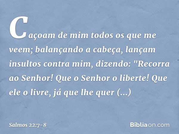 Caçoam de mim todos os que me veem;
balançando a cabeça,
lançam insultos contra mim, dizendo: "Recorra ao Senhor!
Que o Senhor o liberte!
Que ele o livre, já qu