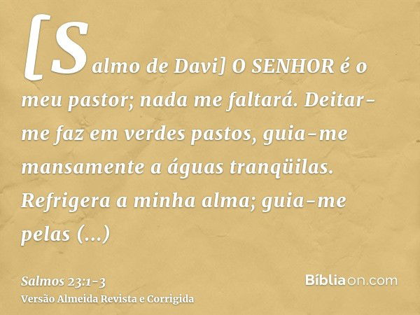 [Salmo de Davi] O SENHOR é o meu pastor; nada me faltará.Deitar-me faz em verdes pastos, guia-me mansamente a águas tranqüilas.Refrigera a minha alma; guia-me p