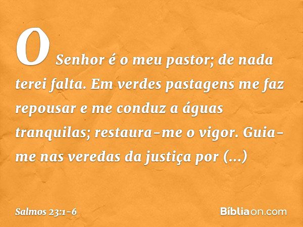 Salmos 23:1-6 O SENHOR é o meu pastor; de nada terei falta. Ele me faz  repousar em pastagens verdejantes e me conduz a águas tranquilas;  restaura-me o vigor. Guia-me pelas veredas da